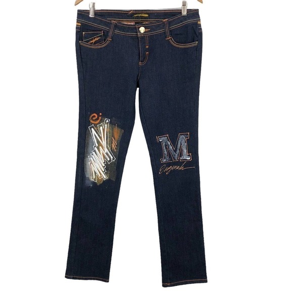 Miskeen Women's Graffiti Skinny Jeans Size 11 Painted & Embroidered Dark Wash - Picture 1 of 8